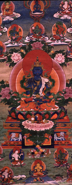 detail from thangka showing the medicine Buddha sangye sman-lha
and his entourage