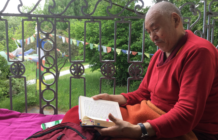 Lama Sangye on the balcony of Yeshe Sal Ling, preparing the
Ma Gyud teaching for Shenten in June 2020