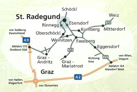 St. Radegund bei Graz by car: exit Gratkorn Sued from highway A9,
exit Gleisdorf West from highway A2